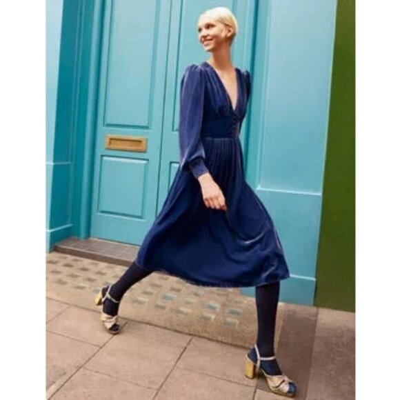 💕BODEN💕 Velvet Midi Party Tea Dress ~ Sea Blue US 8 NWT - Picture 7 of 16